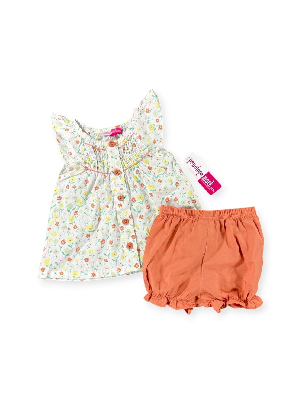 NWT Penelope Mack White Floral Smocked Top with Coral Shorts - Size 6-9 months